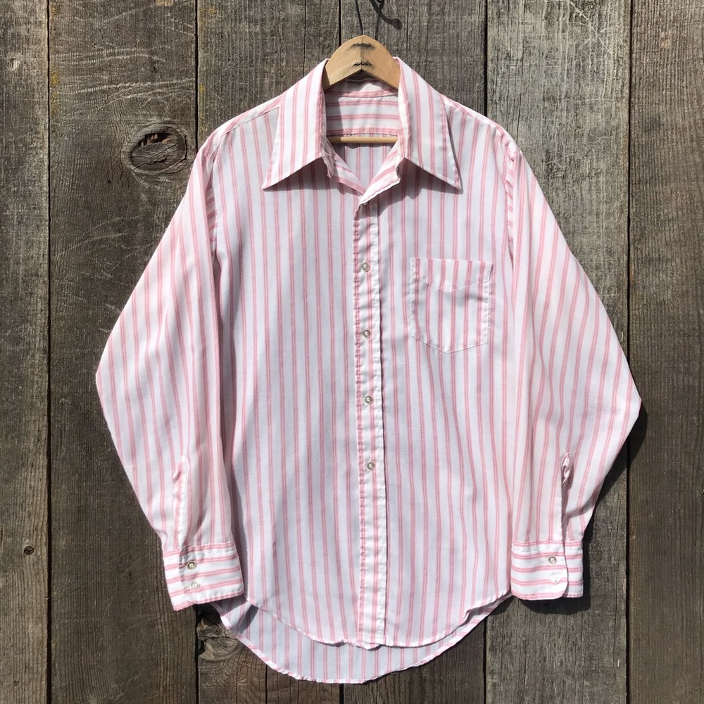 Vintage 70s Pink Pinstripe Dagger Collar Button Up Shirt XL